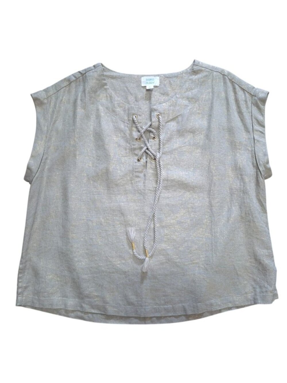 Sigrid Olsen Linen Blend beige Metallic Gold Blouse Lace-Up Size M Cap Sleeve